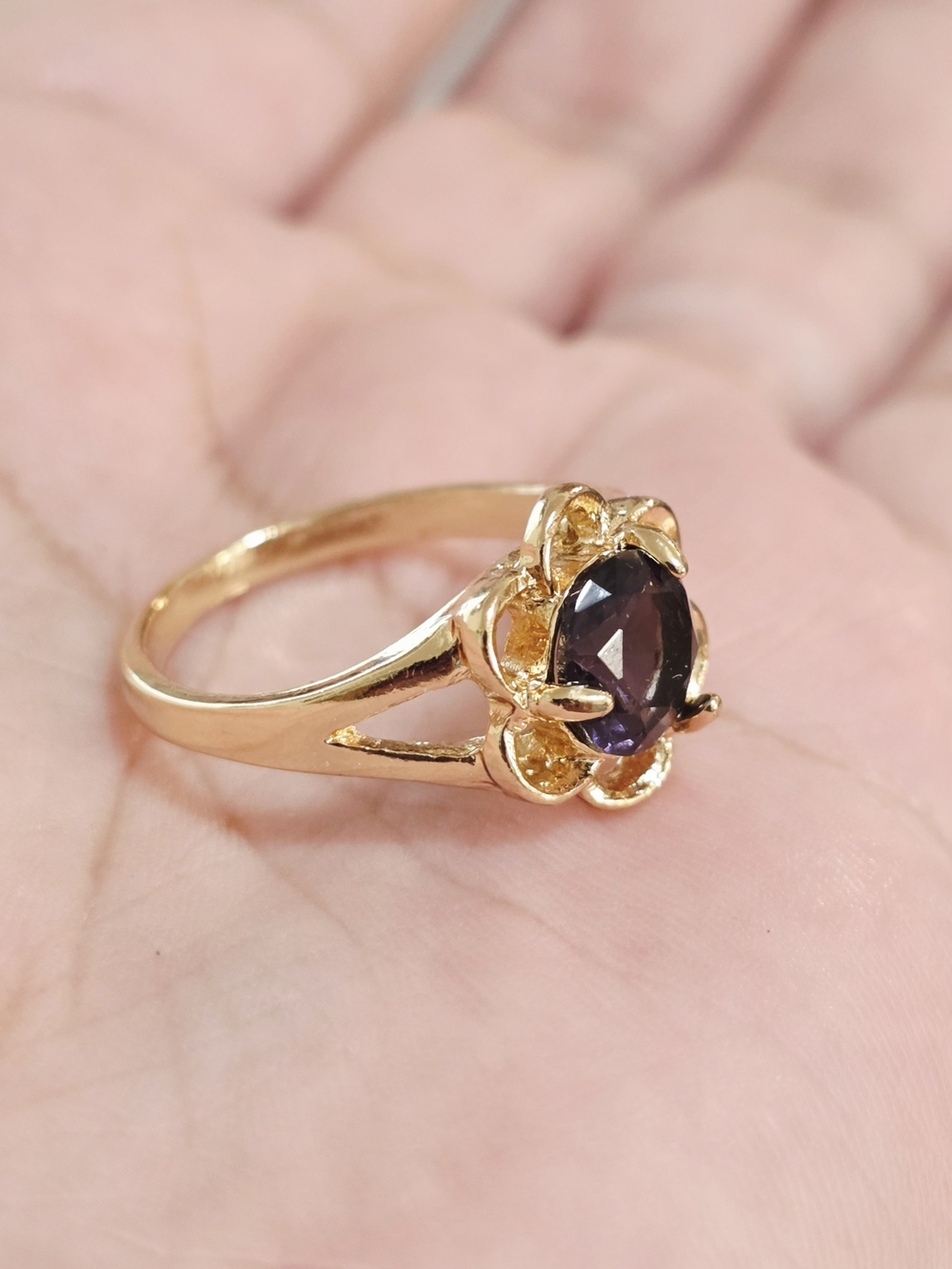 18k Gold Plated Floral Ring with Purple Stone - Women Jewelry